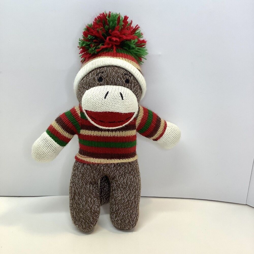 Dan Dee Sock Monkey Knit Plush Striped Sweater Beanie Hat Stuffed Animal Toy 10"